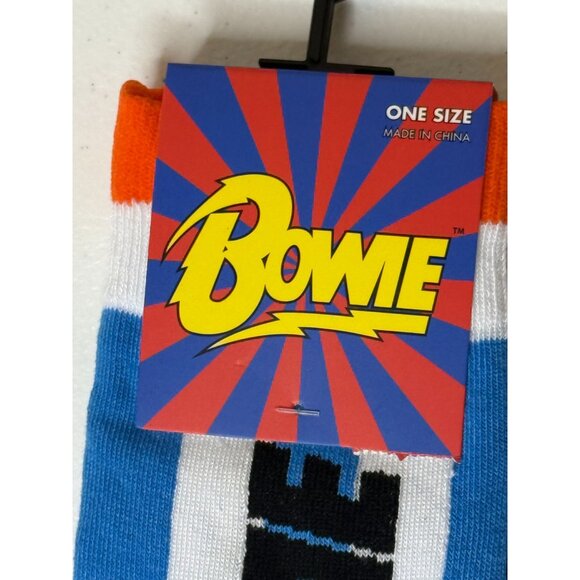 David Bowie Graphic Crew Socks Blue White Stripe Rock Band One Size NWT - Picture 2 of 3